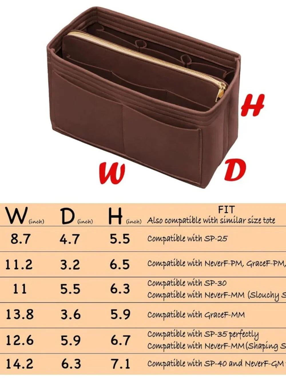 Felt Bag Organizer Insert with Zipper and Key Chain for Tote Purse - Brown Small - Picture 2 of 7